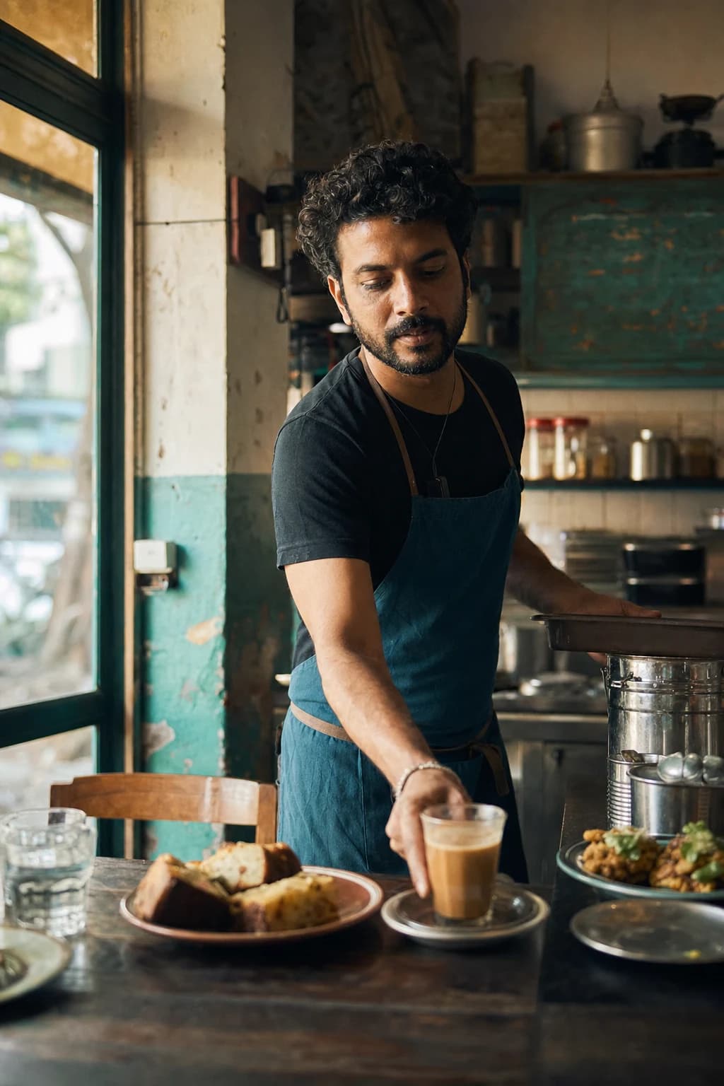 A café owner serving chai from behind a neighborhood counter