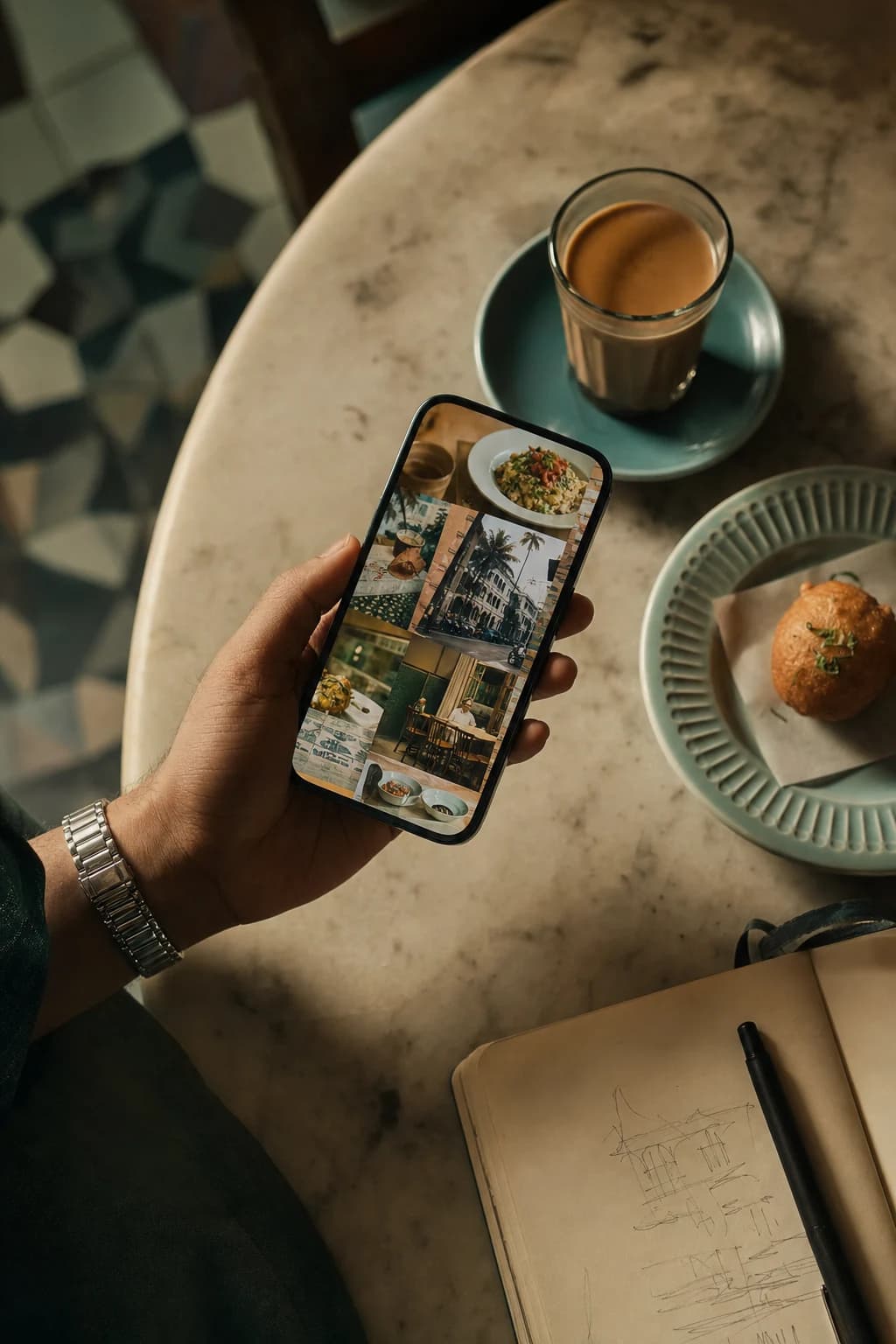 A hand holding a phone above a café table with a visual content reference