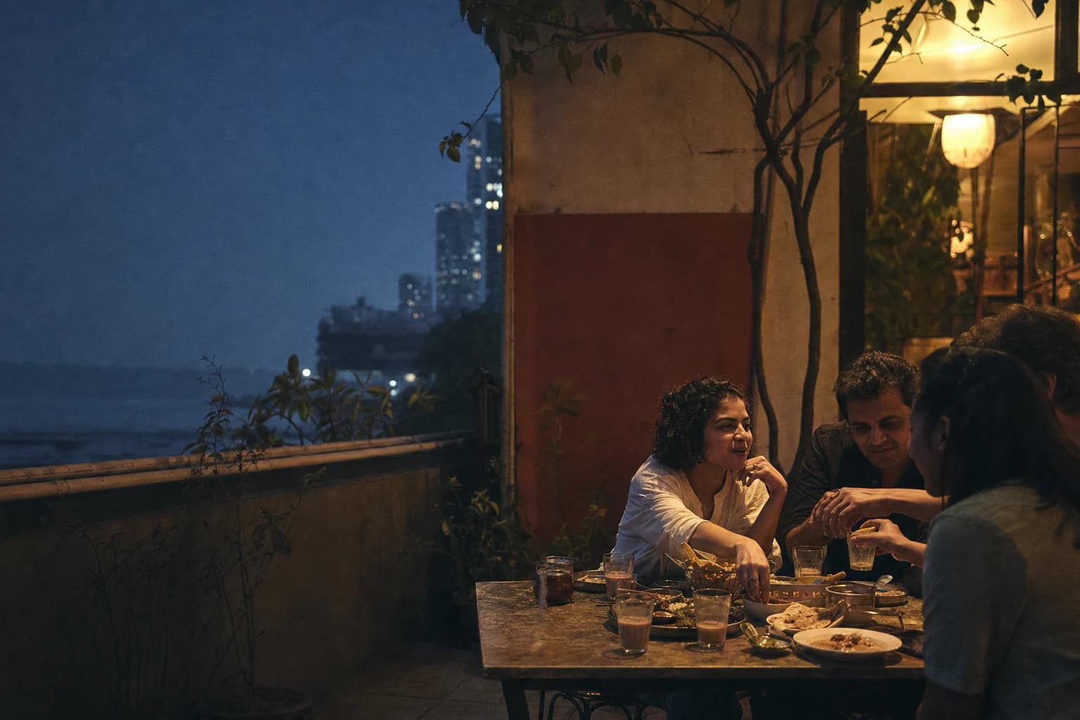 A shared table set for an evening meal in a Mumbai restaurant